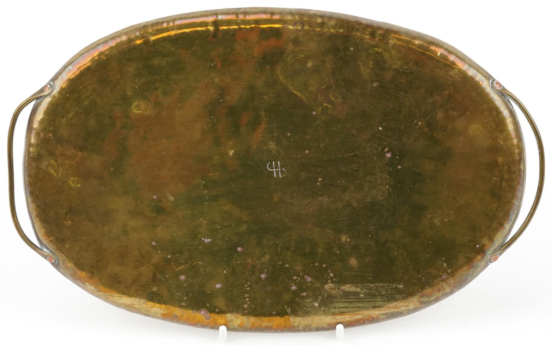 Arts & Crafts brass tray, initials to the reverse, 26cm wide - Image 2 of 3
