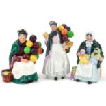 Royal Doulton The Old Balloon Seller HN1315, Biddy Penny farthing HN1843 and The Rag Doll Seller