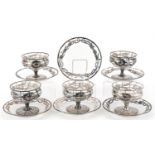 Early 20th century five American silver overlaid glass sundae dishes and saucers, the largest each