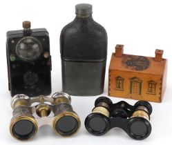 Sundry items including a vintage Triola lamp, Mauchline Ware money box in the form of a house two