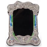 Art Nouveau style sterling silver and enamel easel photo frame embossed with butterflies and