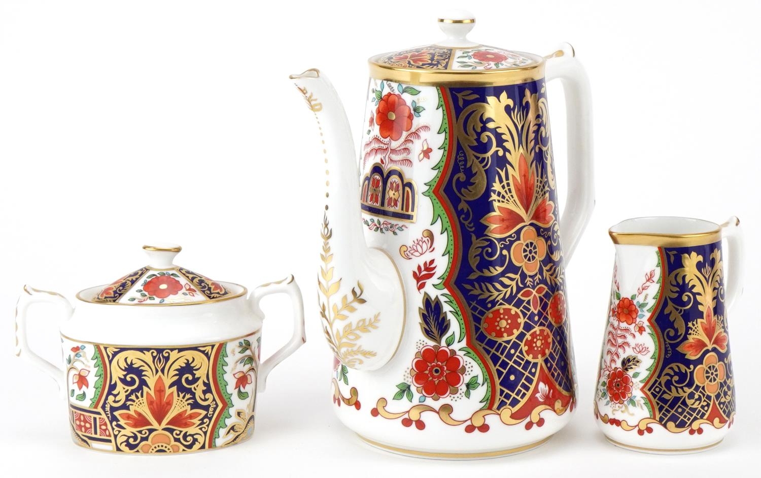 Royal Crown Derby Curator's Collection 'Rich Japan Pardoe' coffee pot, milk jug and lidded sugar