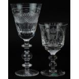 Predominantly commemorative glassware including a good quality cut oversized wine glass, Stuart