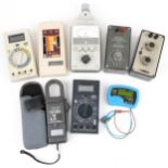 Vintage and later hand held electronic meters and resistance boxes including Iso-Tech clamp meter,