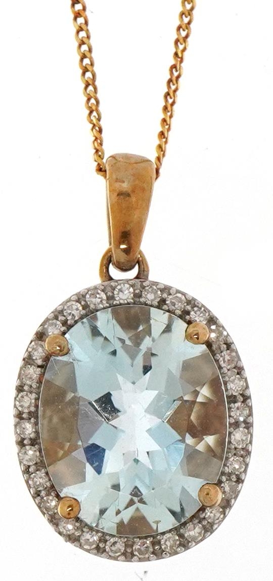 9ct gold aquamarine and diamond cluster pendant on a 9ct gold necklace, 2cm high and 40cm in length,