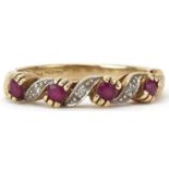 9ct gold diamond and pink spinel half eternity crossover ring, size M, 2.1g