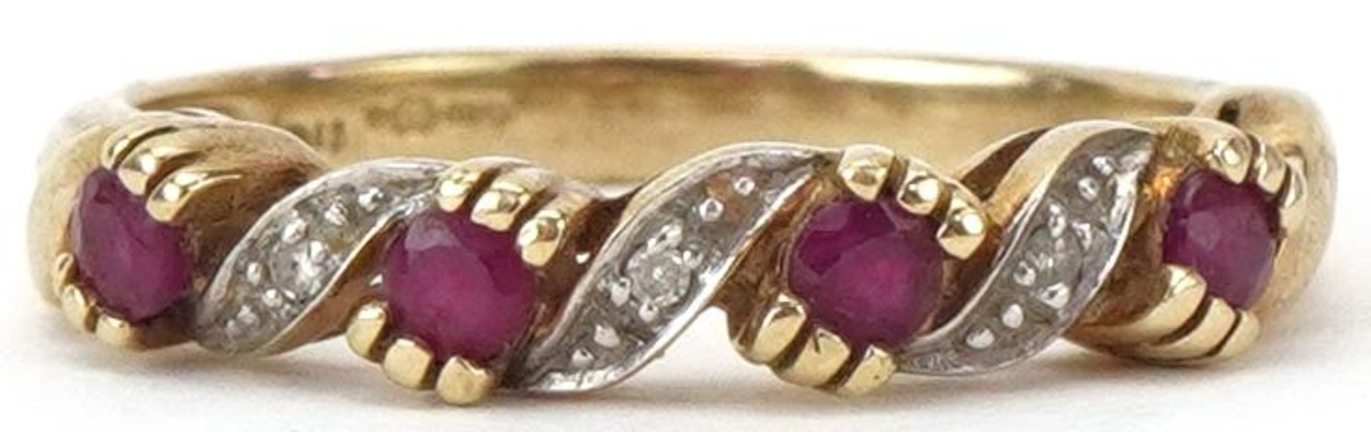 9ct gold diamond and pink spinel half eternity crossover ring, size M, 2.1g