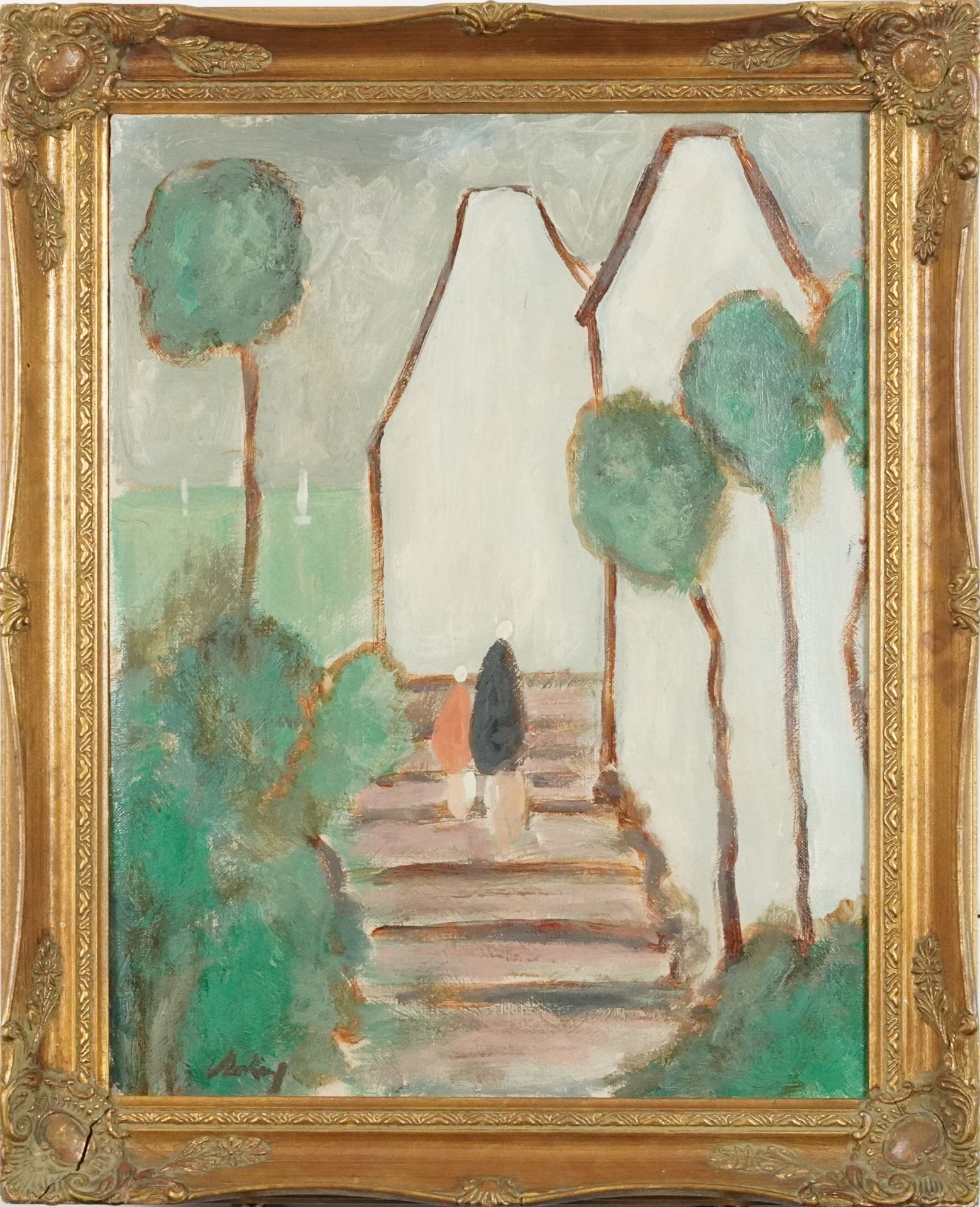 Figures on a pathway beside cottages and water, Irish school oil on canvas in a gilt frame, 44.5cm x - Bild 2 aus 5