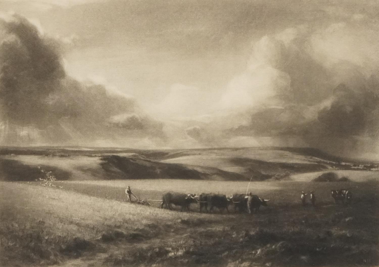Norman Hirst - Ploughing in a field with Oxon , pencil signed mezzotint, copyright published
