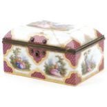 French porcelain dome topped casket hand painted with lovers scenes to the inside and out, with gilt