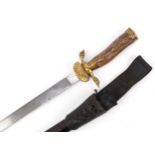 German military interest hunting knife with leather scabbard, staghorn handle and steel blade having
