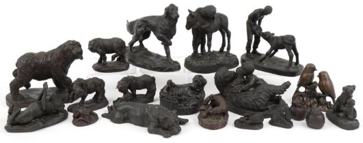 Bronzed animals including Ken Norris studio group of two birds and Heredities Labrador and pups, the