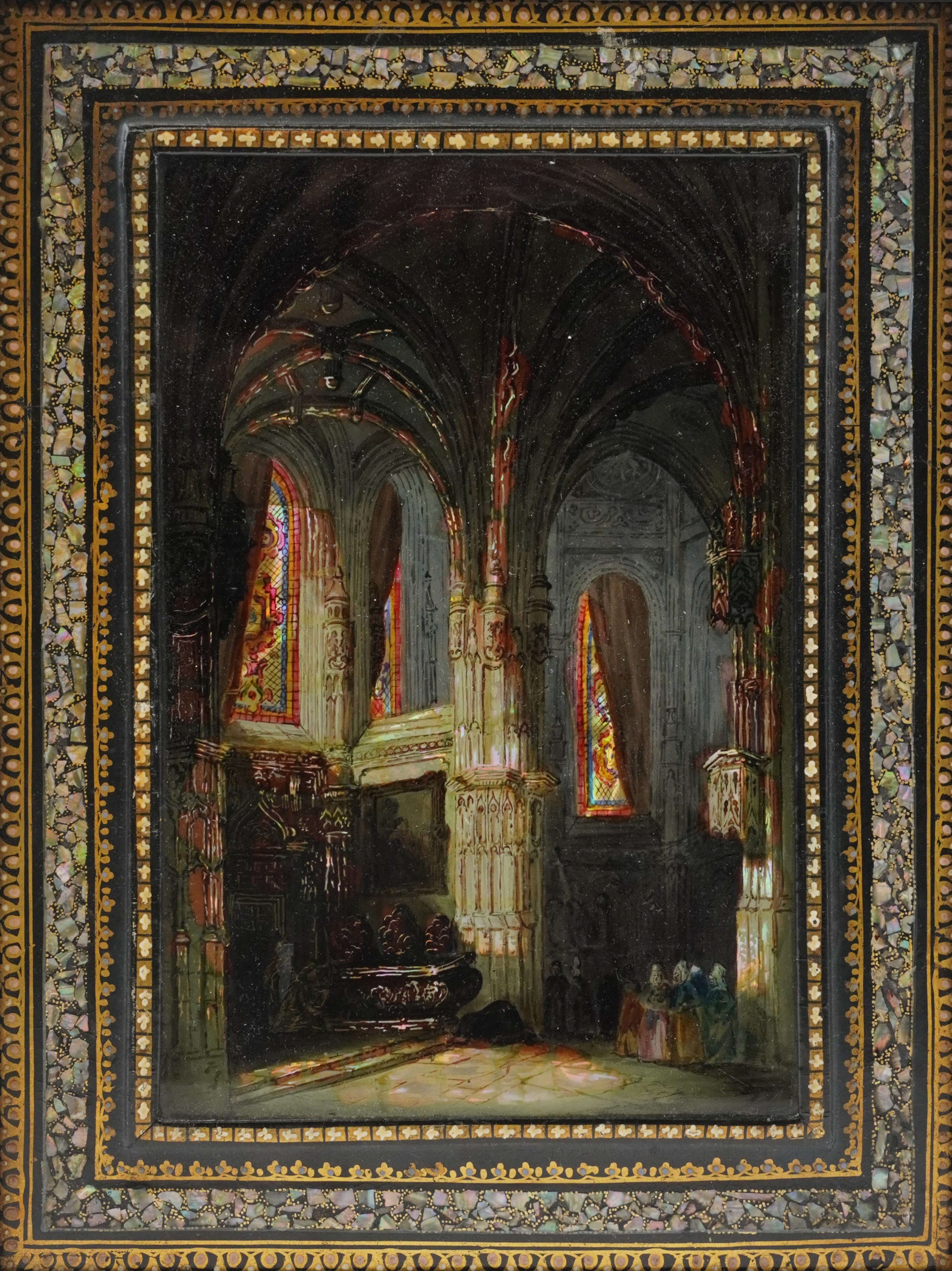 19th century artists folio, the cover a reverse painting onto glass of a church interior possibly