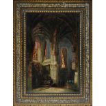 19th century artists folio, the cover a reverse painting onto glass of a church interior possibly