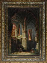 19th century artists folio, the cover a reverse painting onto glass of a church interior possibly