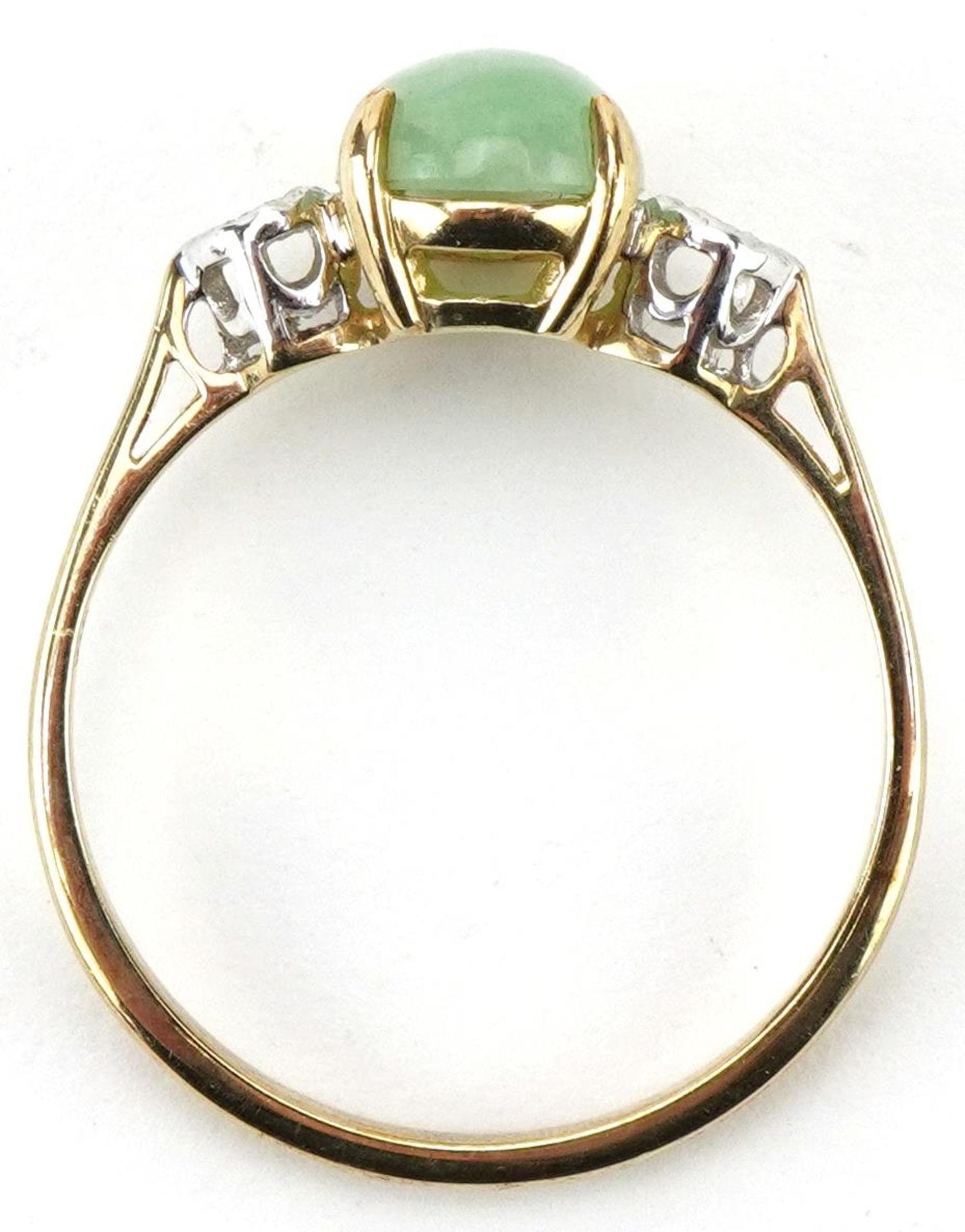 9ct gold cabochon green stone and diamond three stone ring, size Q, 2.2g - Image 3 of 5