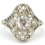 Broken Art Deco unmarked white gold diamond cocktail ring, the central diamond approximately 0.50