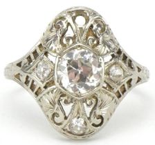 Broken Art Deco unmarked white gold diamond cocktail ring, the central diamond approximately 0.50