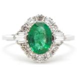 Art Deco style 18ct white gold emerald and diamond cluster ring with certificate, total diamond