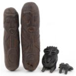 Native American Pre Columbian artefacts including two phallus figures, the largest 26.5cm in length