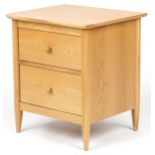 Ercol Teramo contemporary light oak two drawer bedside chest, 60cm H x 53cm W x 47cm D