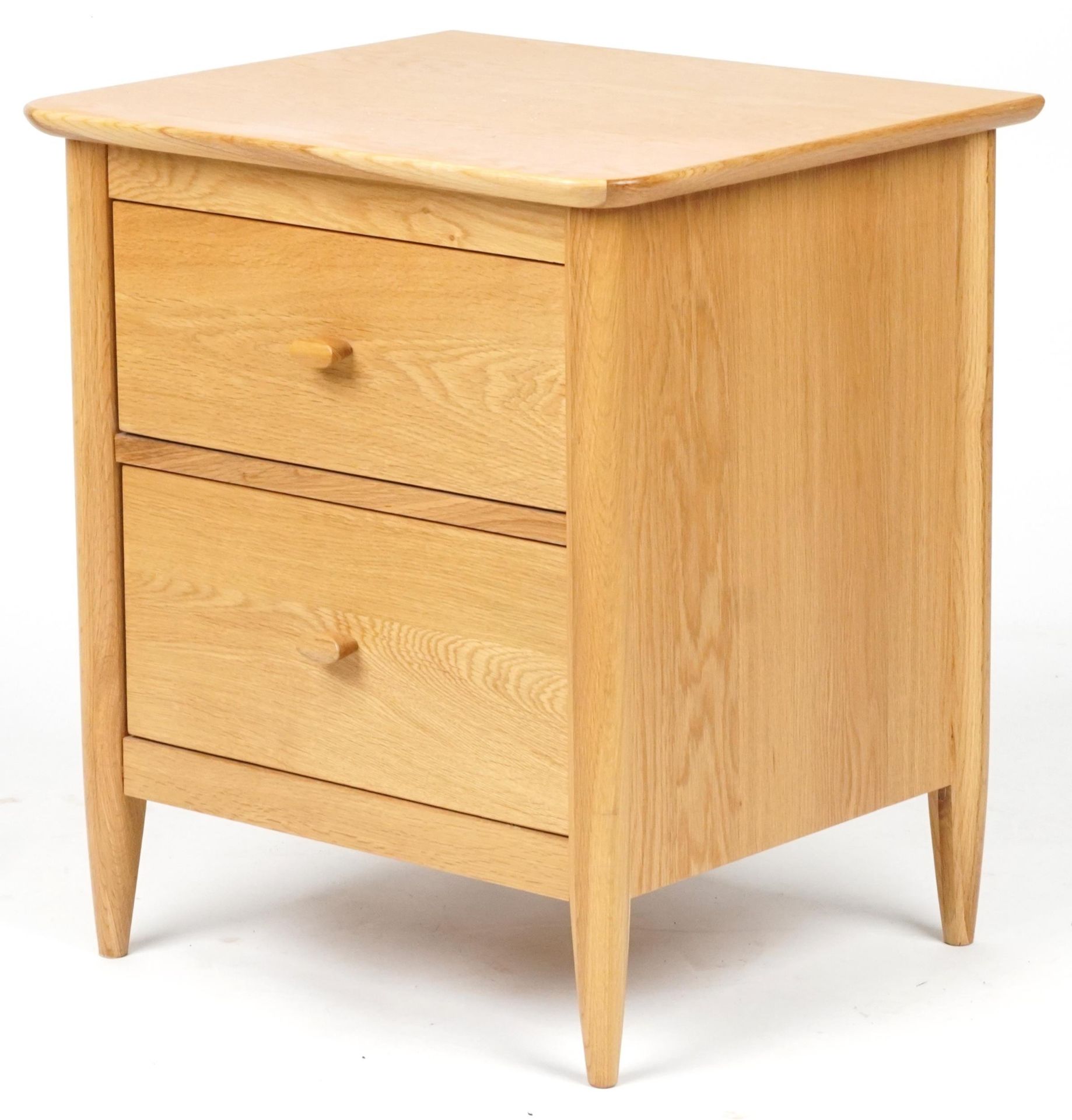 Ercol Teramo contemporary light oak two drawer bedside chest, 60cm H x 53cm W x 47cm D