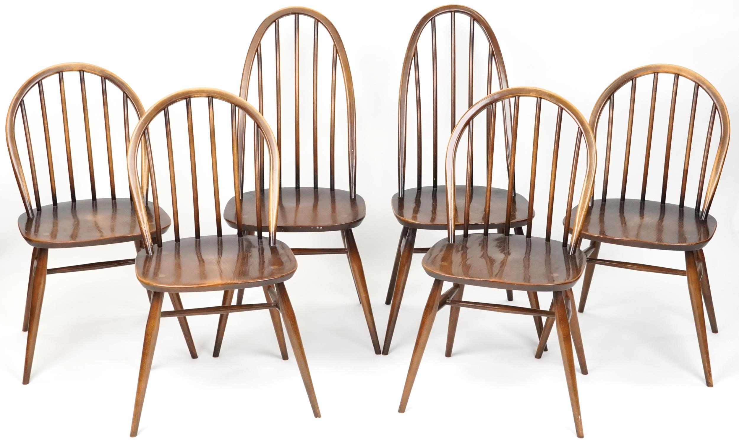 Ercol elm dining table and six stick back chairs, the table 72cm H x 152cm W x 76cm D - Image 5 of 8