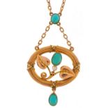 Manner of Murrel Bennett, Art Nouveau 9ct gold turquoise and seed pearl necklace, 44cm in length,