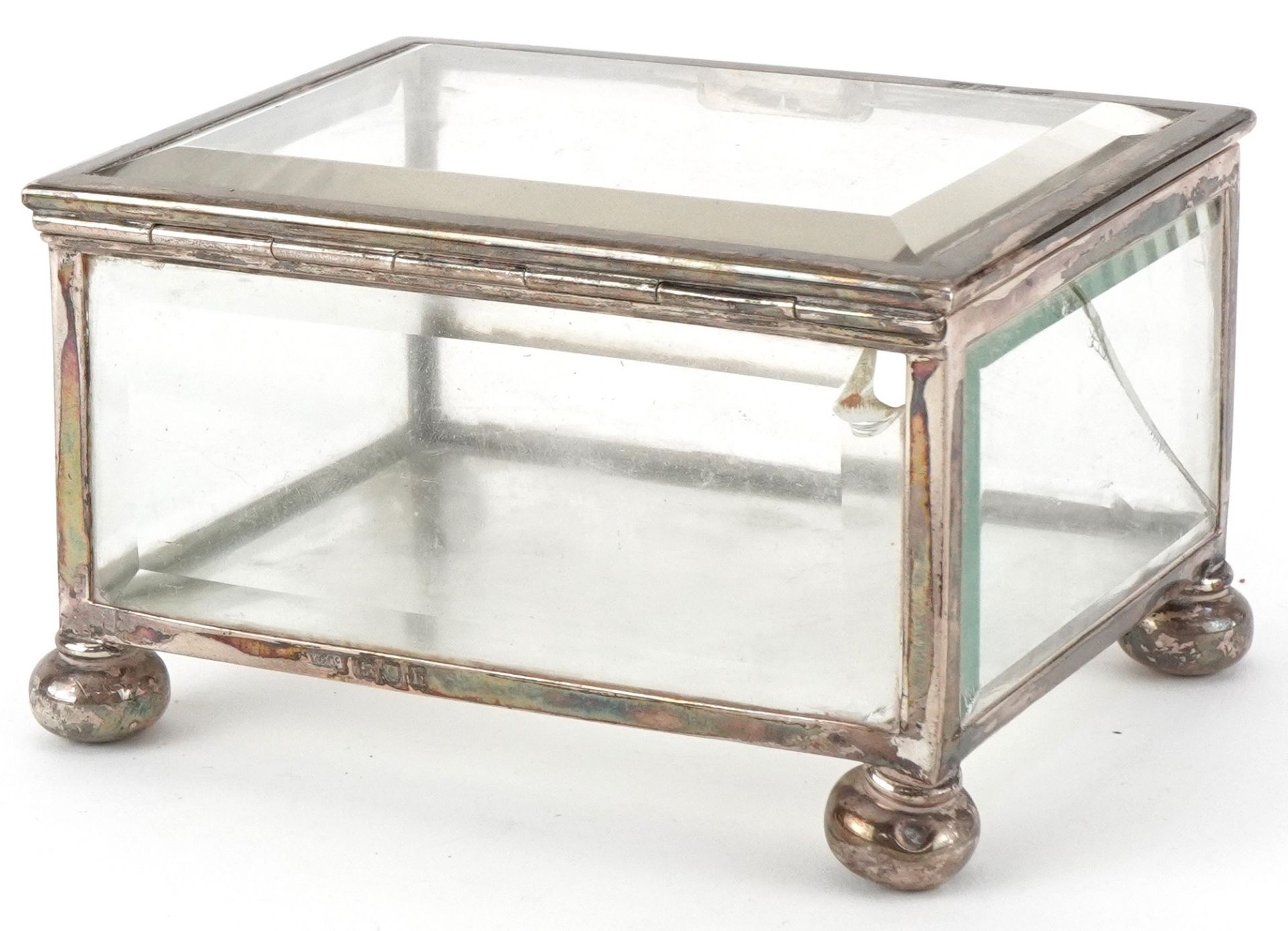 Grey & Co, Edwardian silver and bevelled glass jewel box raised on four bun feet, London 1903, 7cm H - Image 4 of 6