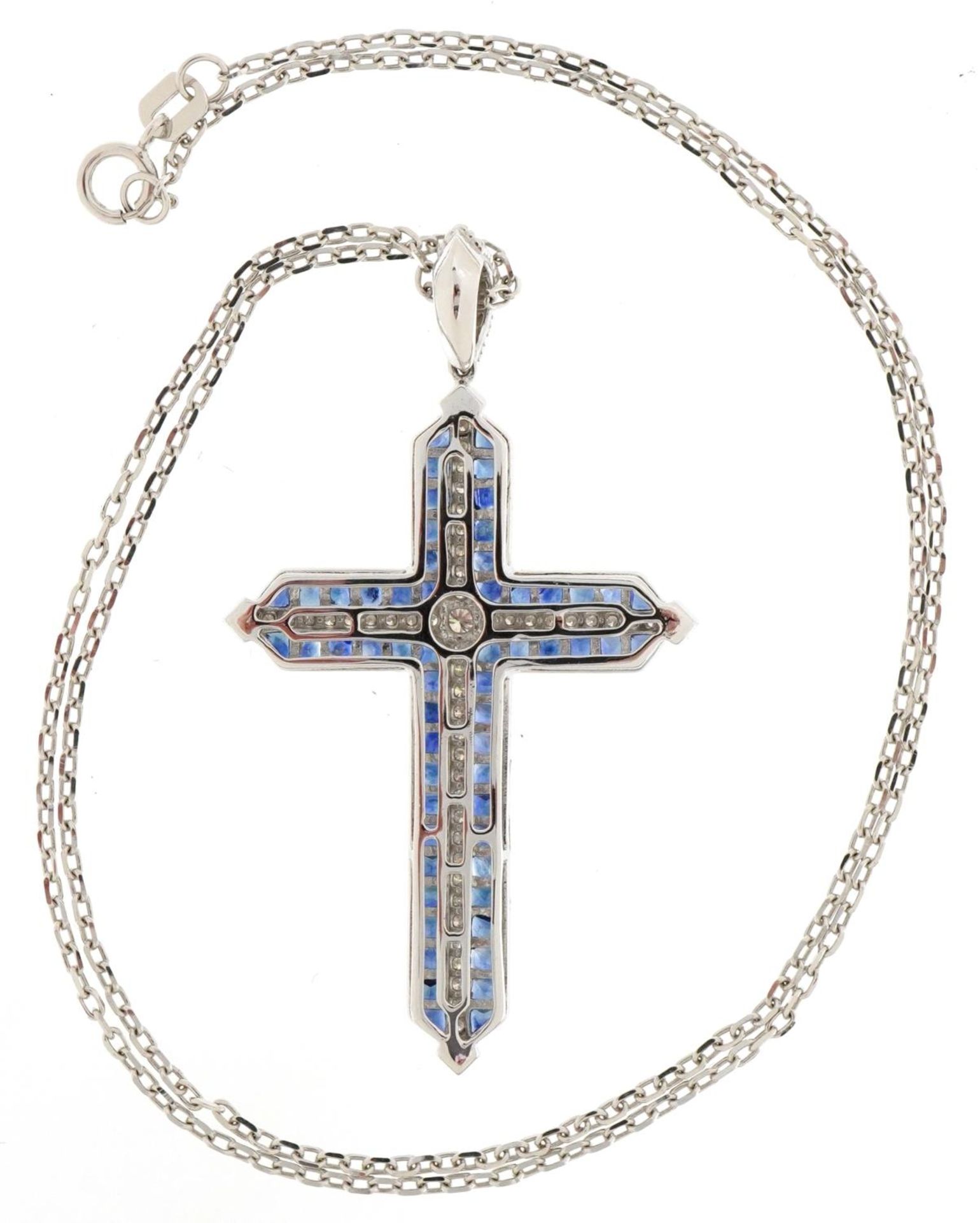 18ct white gold sapphire and diamond cross pendant on an 18ct white gold necklace, total diamond - Image 3 of 5