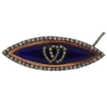 Unmarked gold blue guilloche enamel diamond brooch, 4.2cm wide, 7.7g