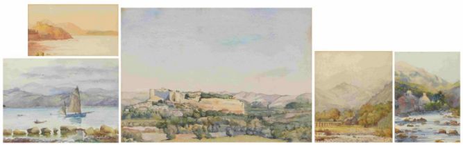 Possibly Lewes Castle, watercolour, together with a view across Cardigan Bay, framed watercolour,
