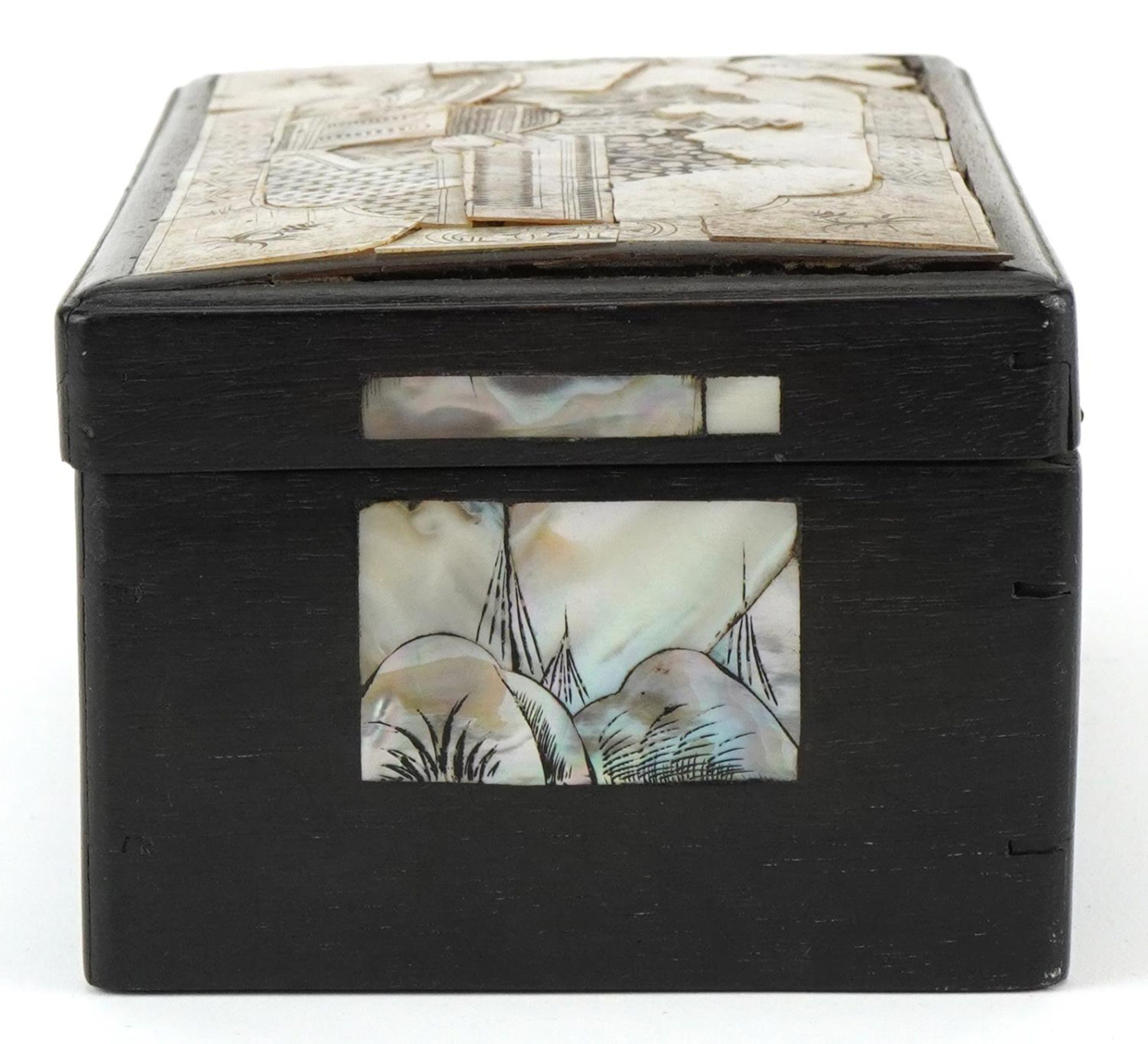 Ebony mother of pearl inlaid box decorated with panels of leaves, the top decorated with a panel - Image 4 of 7