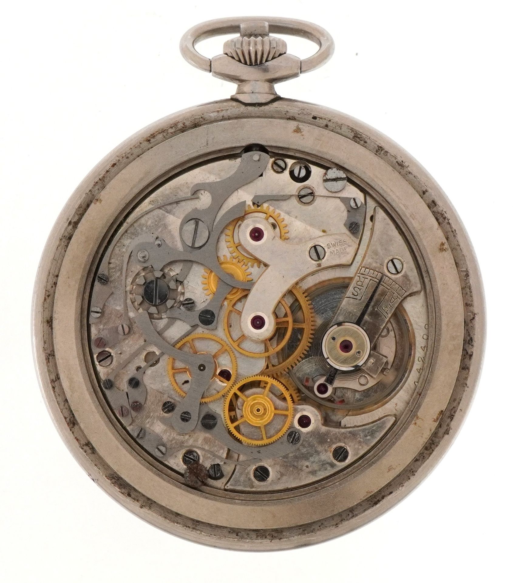 Art Deco gentlemen's white metal open face keyless chronograph pocket watch having silvered and - Bild 3 aus 4