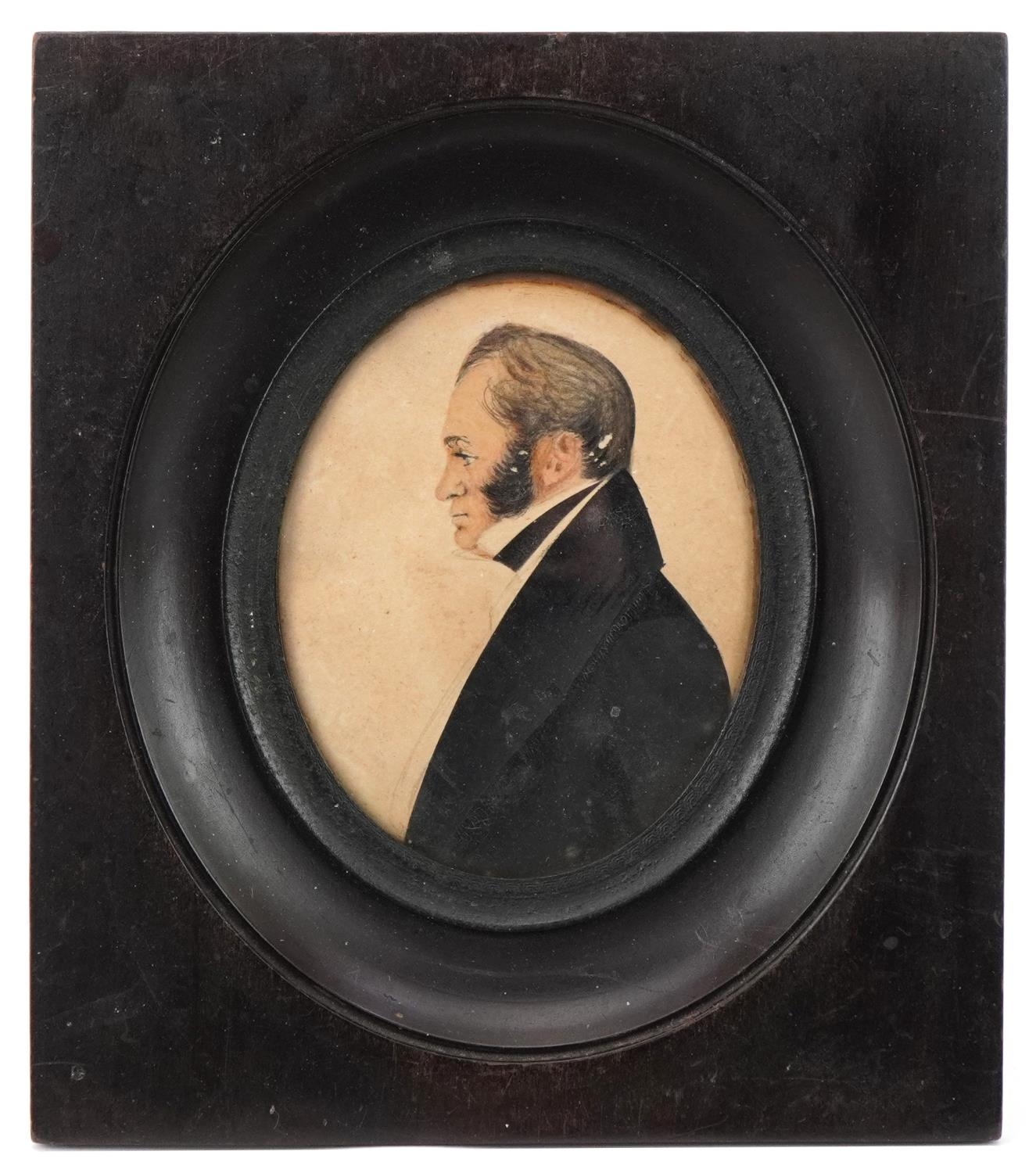 Two 19th century portrait miniatures onto paper of gentlemen, in ebonised frames, the largest 15cm x - Image 7 of 8