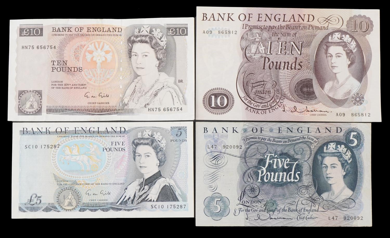 Two ten pound Bank of England banknotes and two five pound Bank of England banknotes