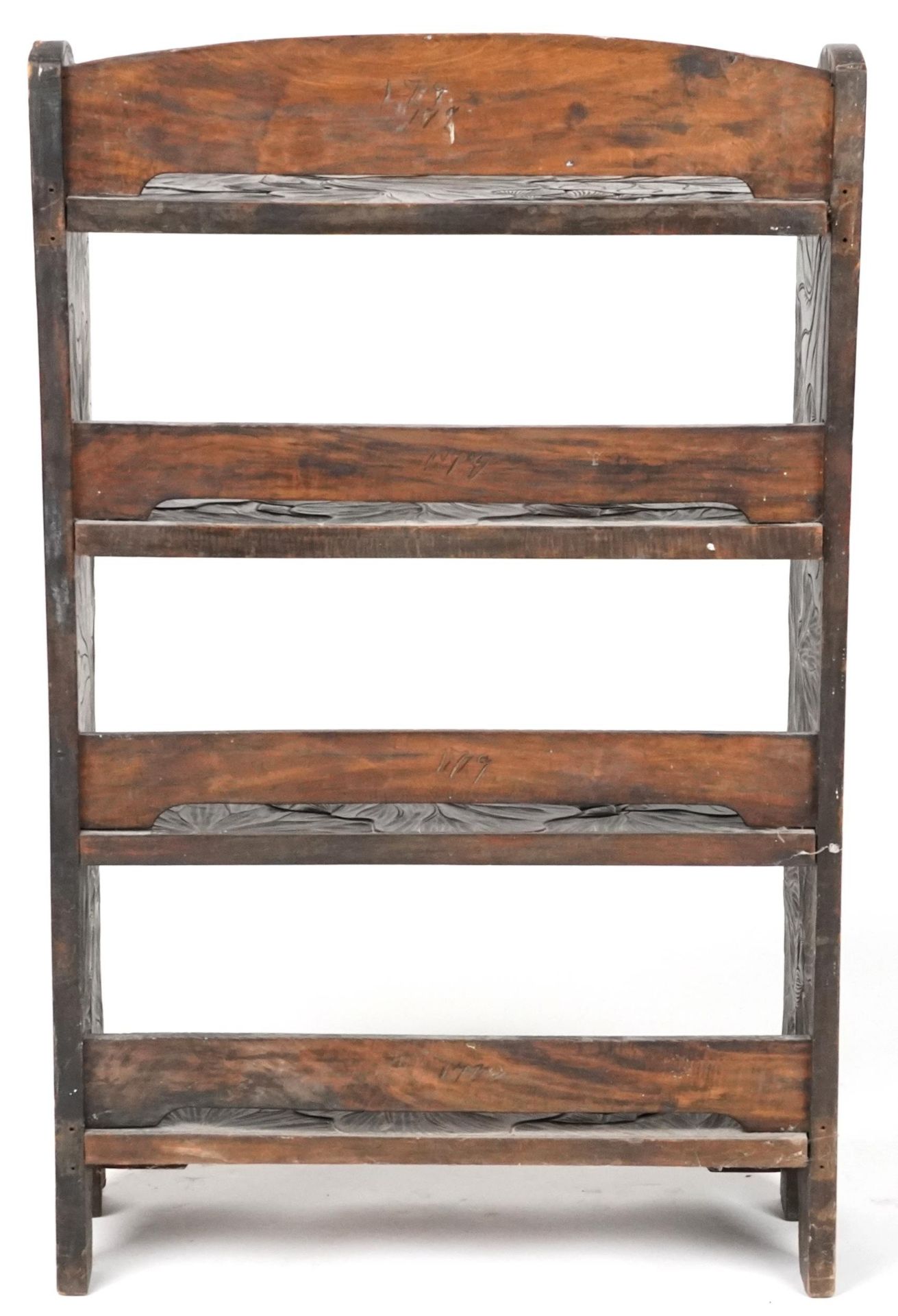 Manner of Liberty & Co, Japanese hardwood bookcase carved with flowers, 98cm H x 60cm wide, 24cm D - Bild 4 aus 4