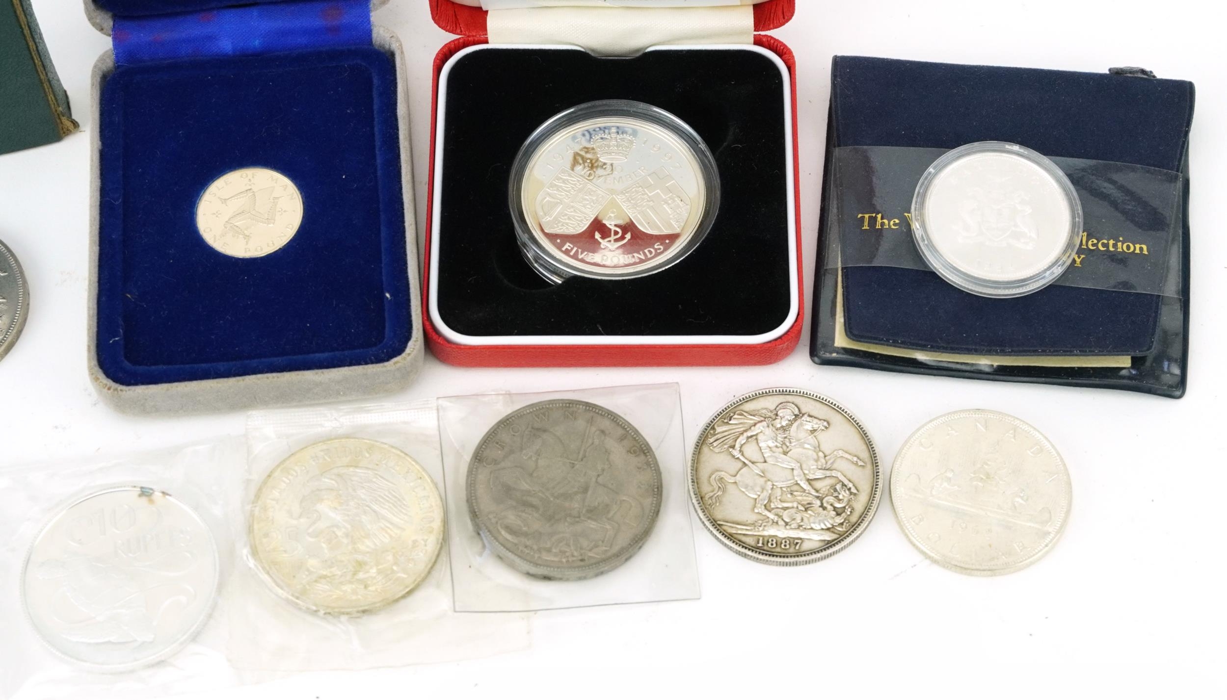 Victorian 1887 silver crown, Isle of Man one pound, Golden Wedding silver proof five pound, two - Image 3 of 3