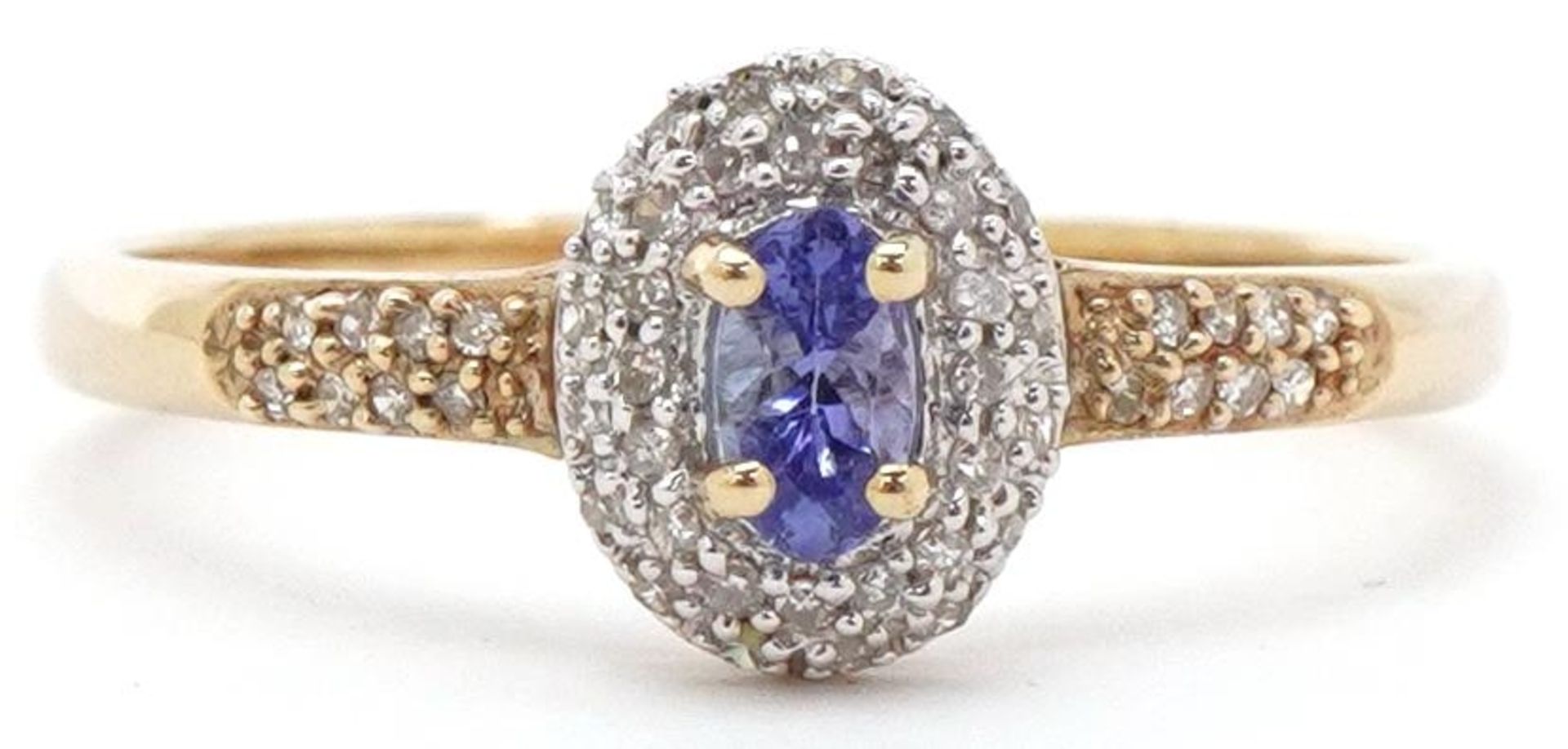 9ct gold iolite and diamond cluster ring, size T, 1.9g