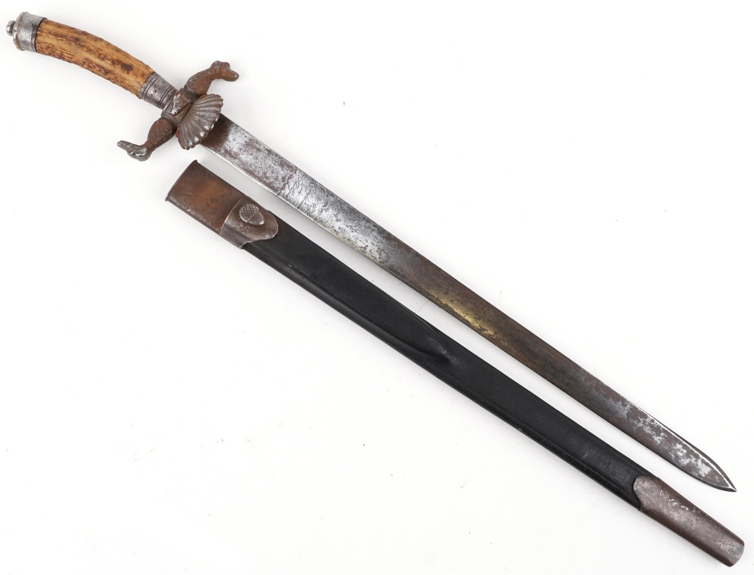 German military interest hunting knife with leather scabbard, staghorn handle and steel blade having - Image 2 of 5