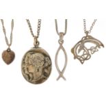 Four silver pendants on silver necklaces including engraved love heart and one Art Nouveau style,