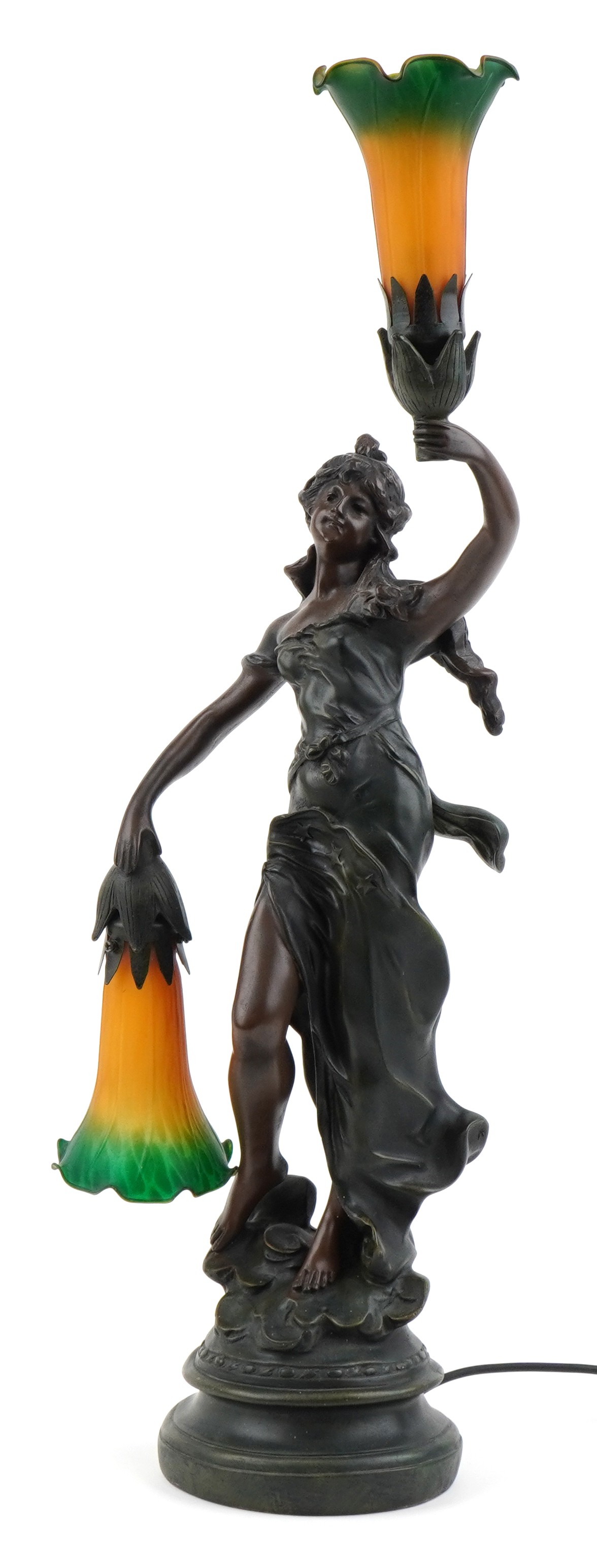 After A Moreau, French style bronzed table lamp in the form of an Art Nouveau female with two orange