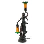 After A Moreau, French style bronzed table lamp in the form of an Art Nouveau female with two orange