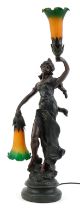 After A Moreau, French style bronzed table lamp in the form of an Art Nouveau female with two orange