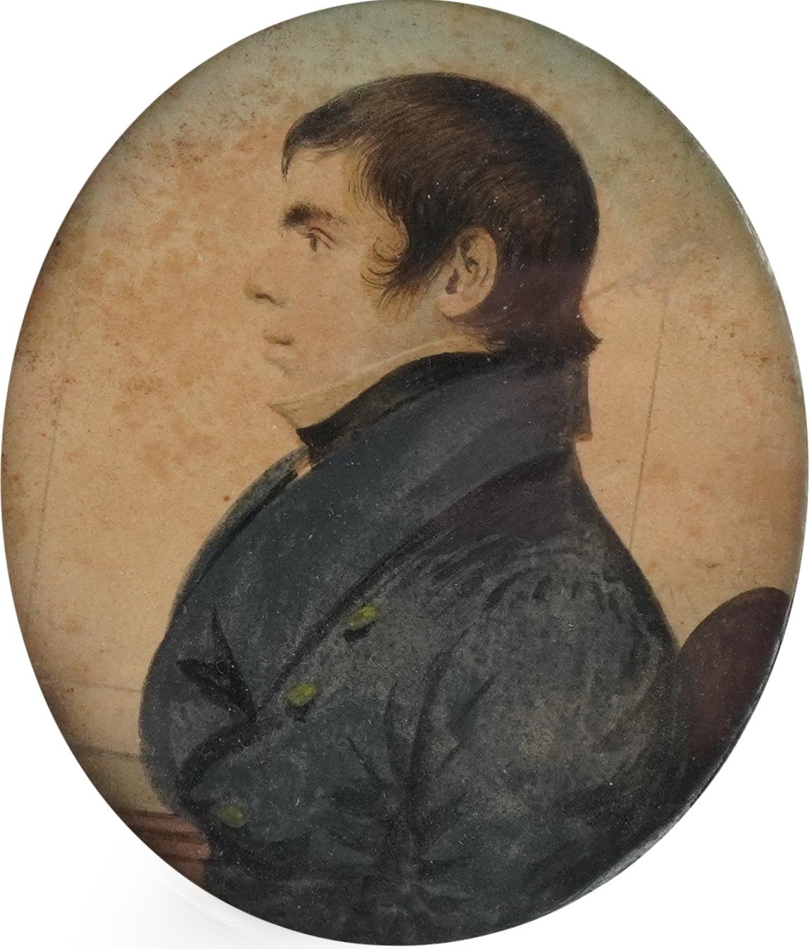 Two 19th century portrait miniatures onto paper of gentlemen, in ebonised frames, the largest 15cm x - Image 3 of 8