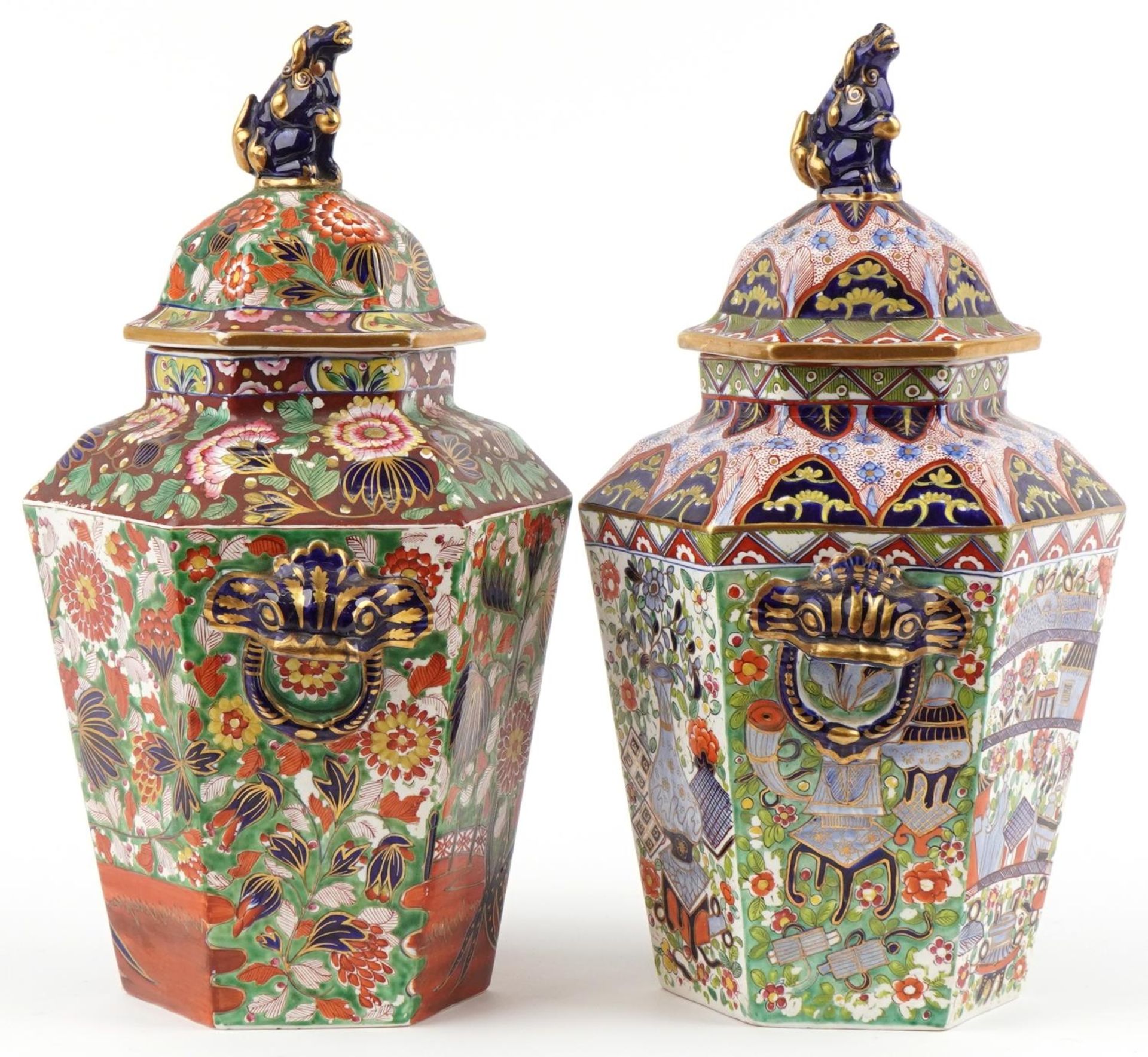 Two Victorian Staffordshire pottery ginger jars and covers hand painted in the Mason style - Image 6 of 8