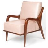 Scandinavian design hardwood lounge chair having salmon upholstered back and seat, 86cm H x 62.5cm W