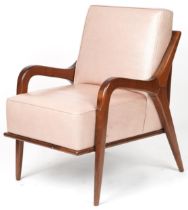 Scandinavian design hardwood lounge chair having salmon upholstered back and seat, 86cm H x 62.5cm W