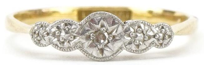 Art Deco 18ct gold and platinum diamond ring, size K, 1.4g