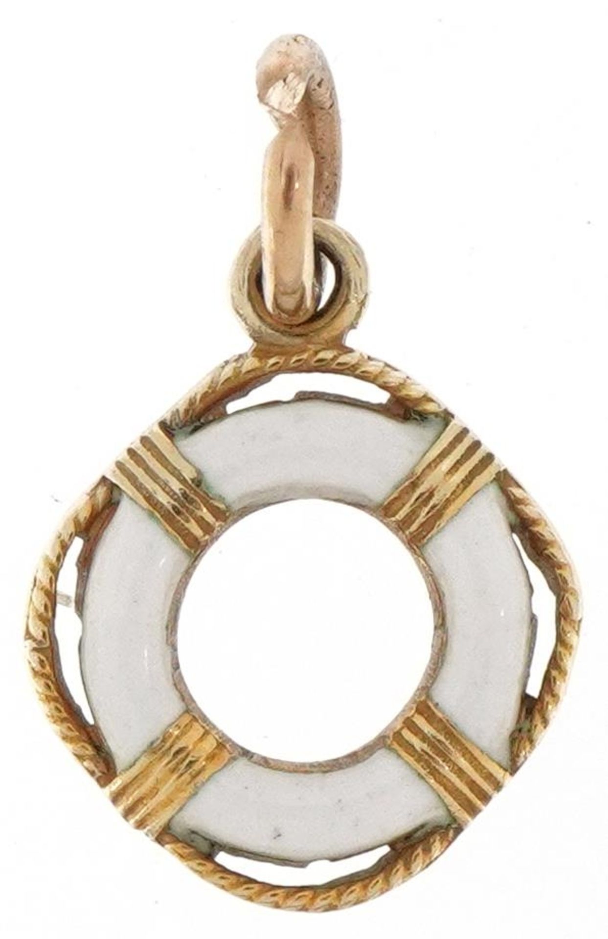 9ct gold and enamel charm in the form of a lifebuoy, 1.4cm high, 1.2g